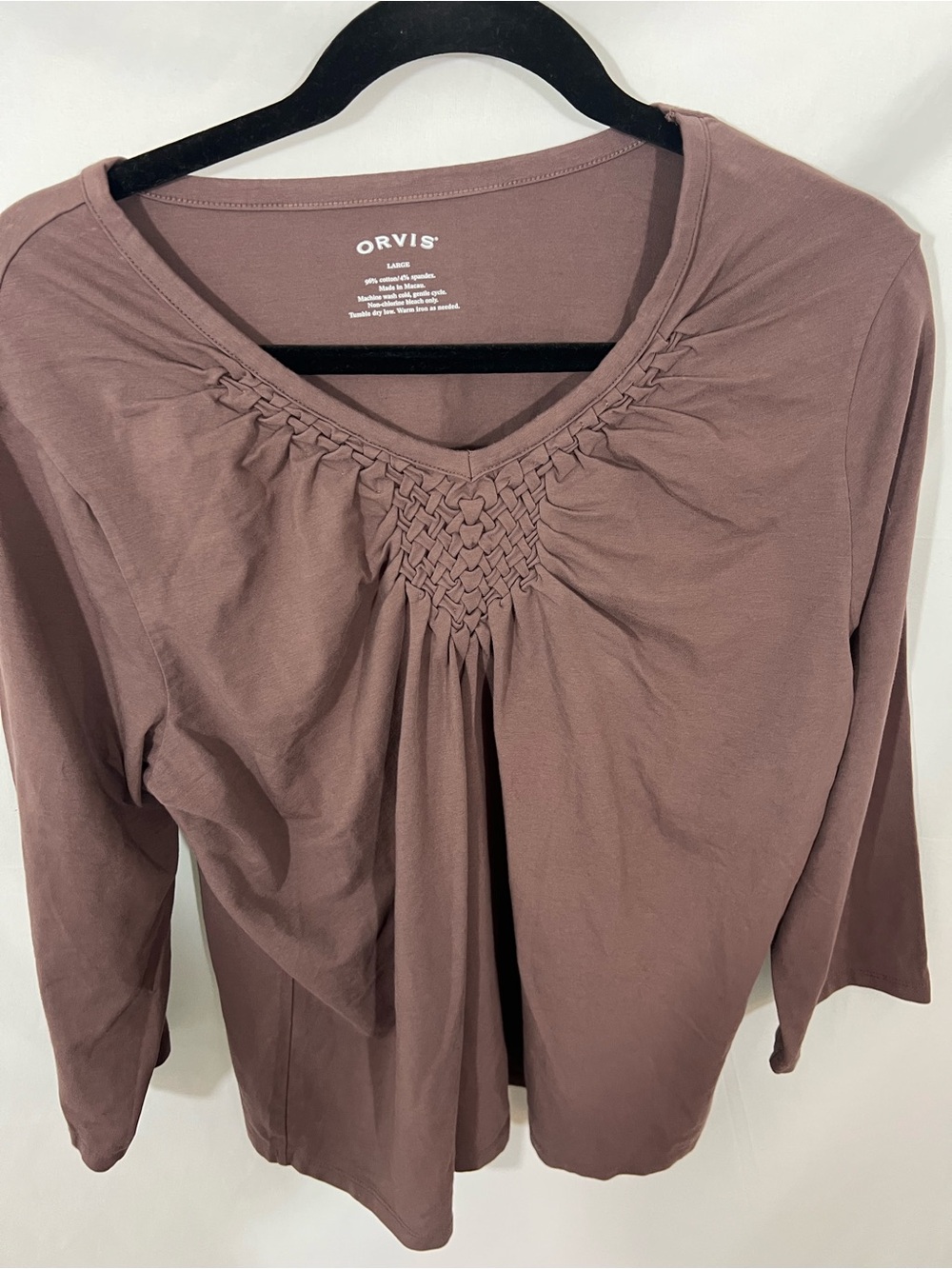 Orvis Mauve Smocked V-Neck 3/4 Sleeve Top